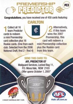 2007 Select AFL Supreme - Premiership Predictors #PC3 Carlton Blues Back